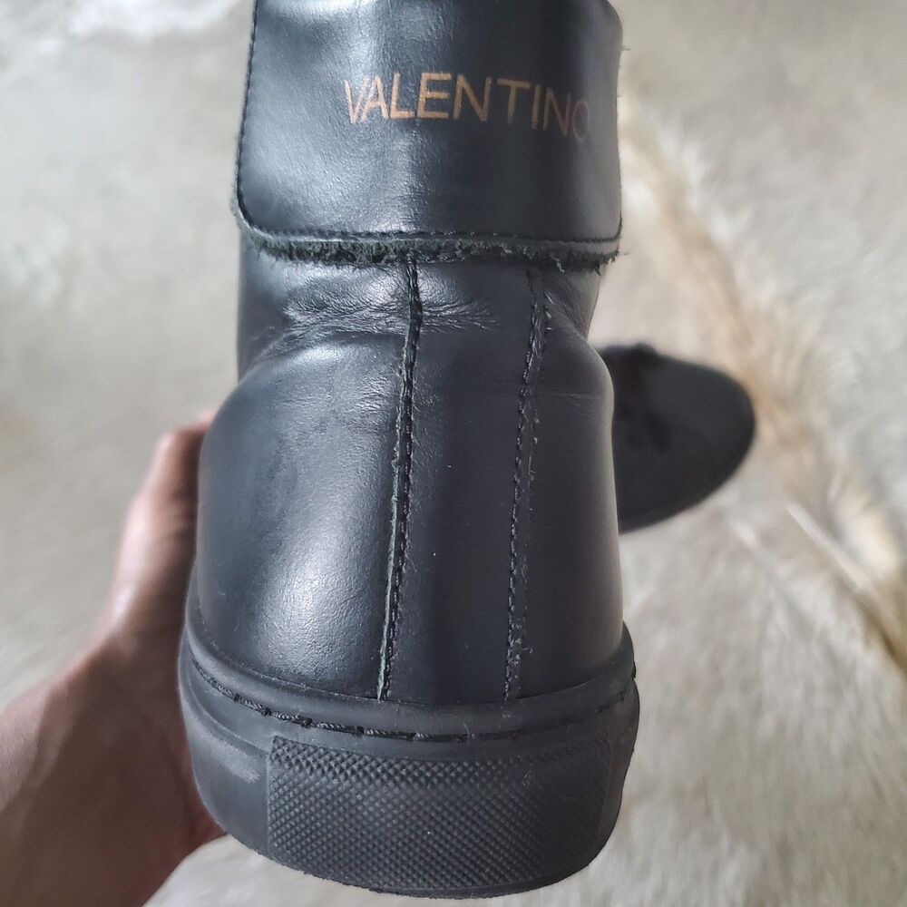 Valentino Men’s High Top Sneakers Size 10 Black Monogram Leather Lace Up Italian - Picture 6 of 16